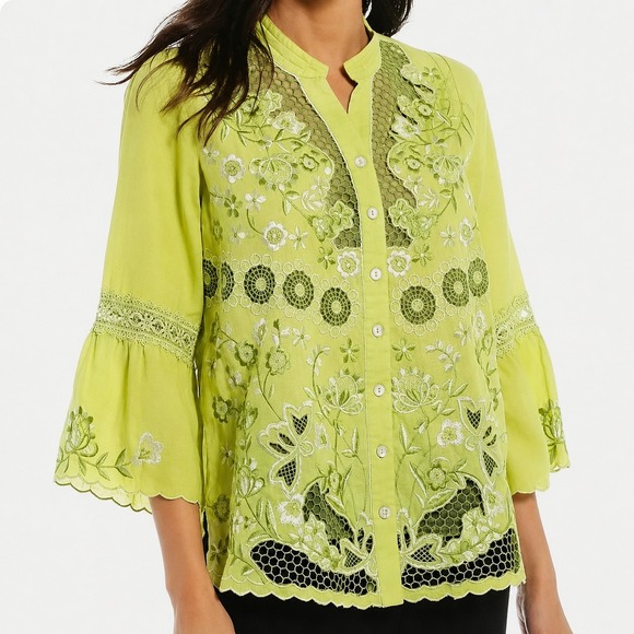John Mark Tops - John Mark 100% Linen Embroidered Crochet Lace Blouse Womens Lime Green Medium